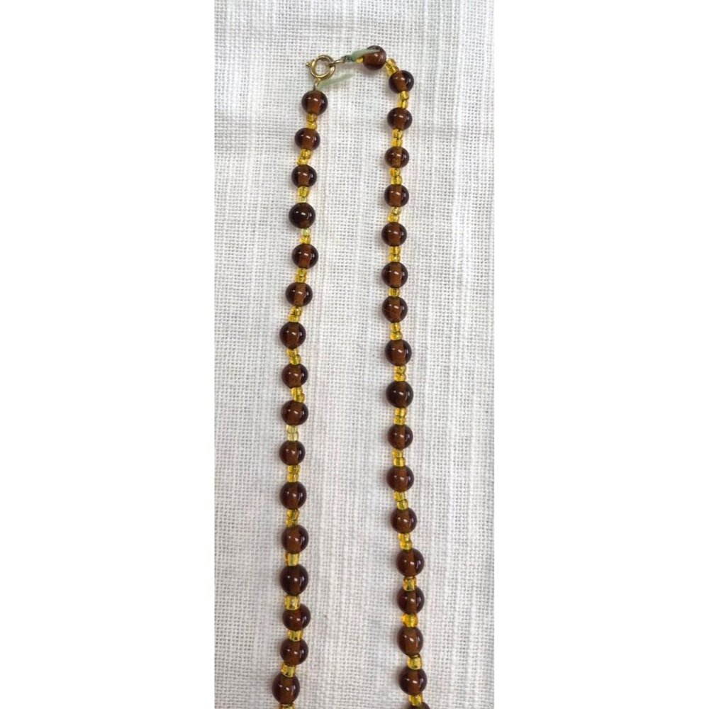 Vintage Long Beaded Necklace Brown & Cream Agate-Like Beads Glass Accents & Gold - Picture 7 of 9